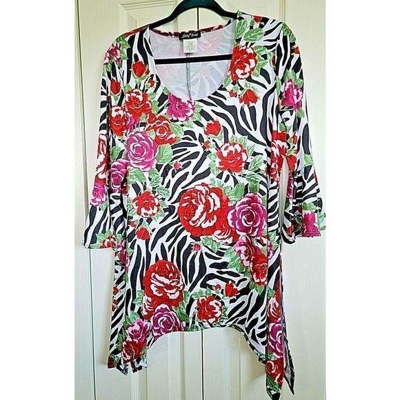 Slinky Brand PL Red & Pink Roses Shirt Bell Sleeves Size PL Non Wrinkle Striped. - Picture 1 of 6